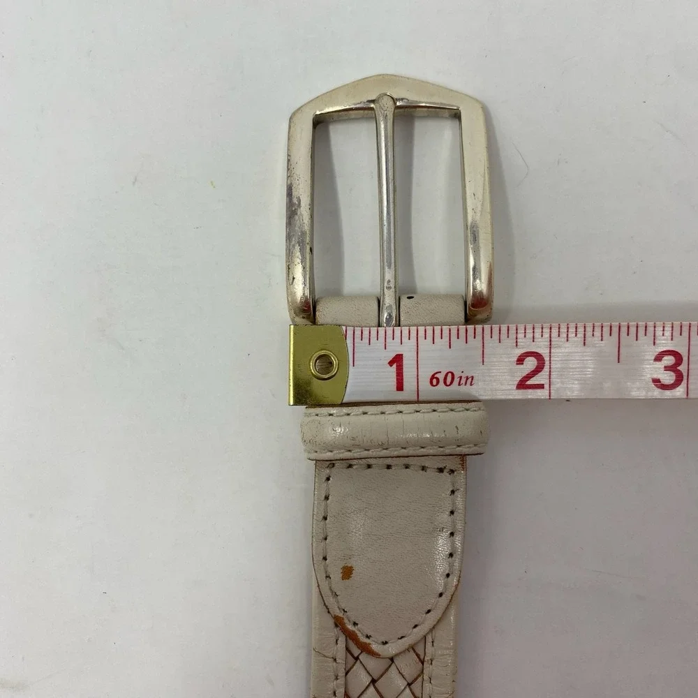 Vtg Johnston & Murphy Belt Mens 44‎ Italian Kipskin Braided Cream Brass Buckle